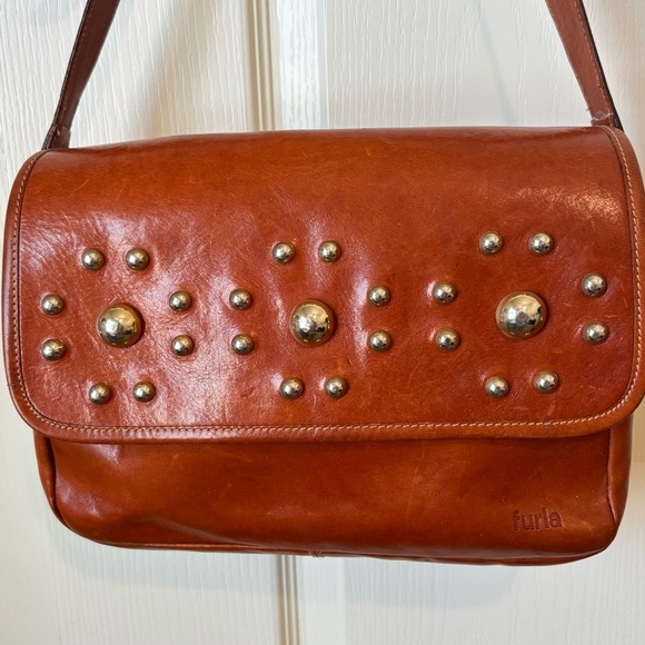 Furla Made In Italy Vintage Crossbody Handbag Purse Brown with Studded Flowers - Picture 2 of 16